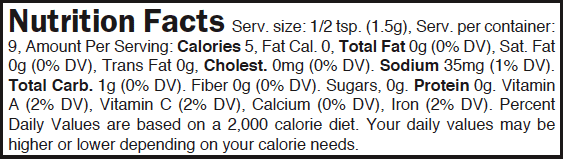 Nutritional Facts Roasted Garlic and Pepper
